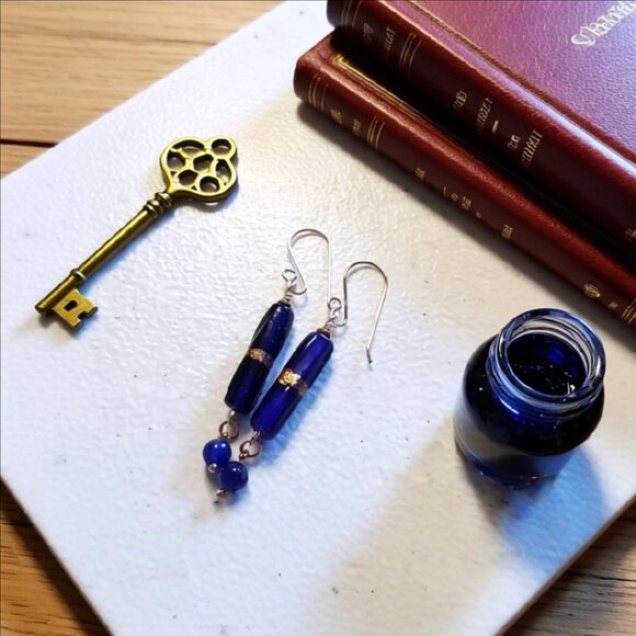 Handmade Jewelry - Deep Blue Slim Dangle Earrings - Sleek Trendy Versatile - Day or Night Wear